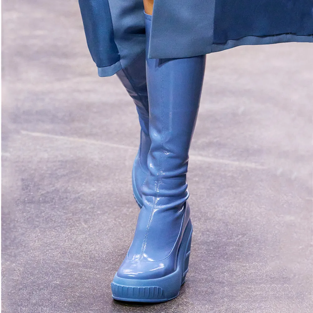 Women's Wedge Knee High Boots Round Toe High Heels Platform Thick Heel Side Zipper Patent Leather Fashion Party Elastic Boots