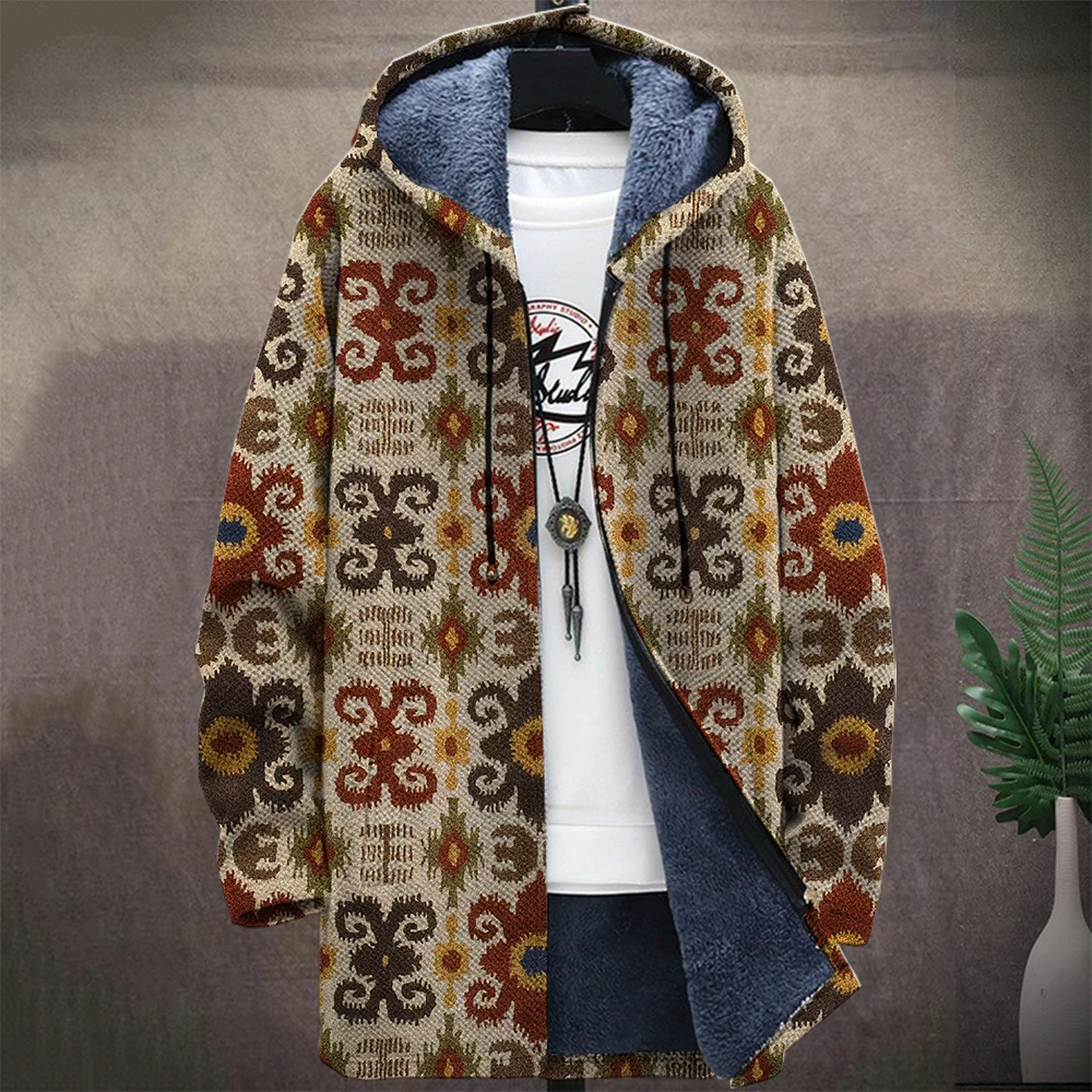 Men'S Native Retro Aztec Block Graphic Winter Coat Print Pattern Knitted Sweater Cardigan Zipper Hooded Thick Fleece For Youth