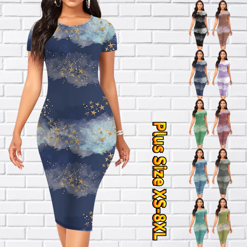 

Summer Elegance Knee-length Skirt Round Collar Women 3D Printing Short Sleeve Skirt Dress Fashion Casual Tight Skirt XS-8XL