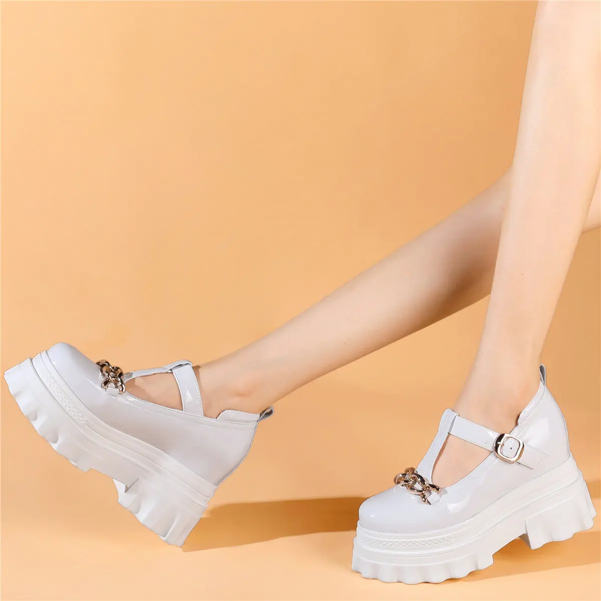 2022 Platform Pumps Shoes Women Genuine Leather Wedges High Heel Martin Boots Female Low Top Round Toe Mary Janes Casual Shoes