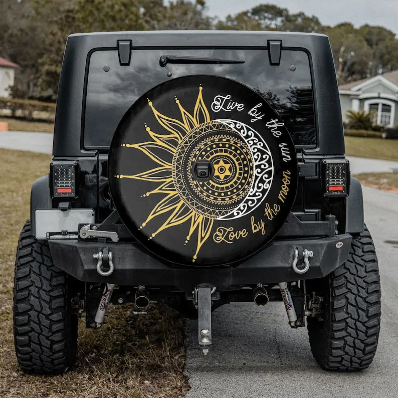 

Live By The Sun, Love By The Moon Father's Day Gift, Gift For Lover, Spare Tire Cover For Car, Personalized Camper Tire Cov