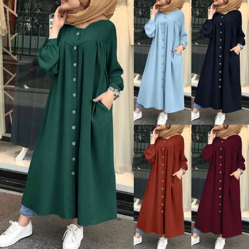 

Women Autumn Winter Long Puff Sleeve Buttons Pockets Loose Maxi Shirt Dress Robe