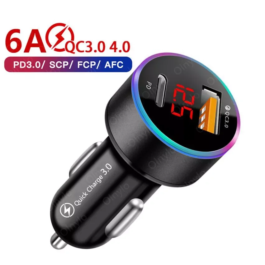 

6A 36 W PD Adapter Car Chargers Quick Charge 3.0 4.0 With LED Display For Universal Mobile Phone Aluminum Dual USB Car-Charger