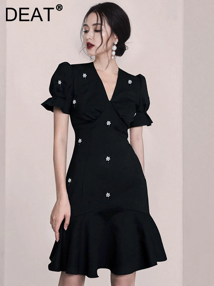 

DEAT Women Fashion Party Dress V-neck Short Sleeve Patchwork Nail Bead Pleated Elegant Evening Dresses Summer 2023 New 13DB3181