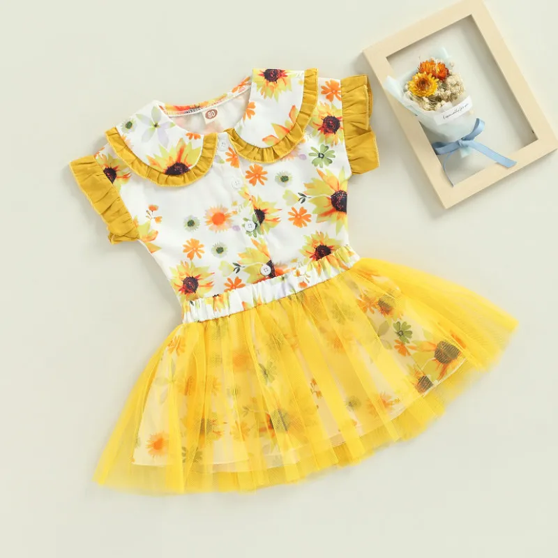 

2Pcs Little Girls Sweet Style Outfit, Toddlers Summer Floral Printing Doll Collar Short Sleeve Tops + Mesh Splicing Bubble Skirt