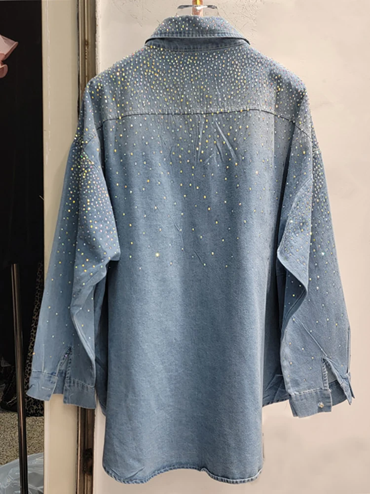 Женская джинсовая рубашка с бриллиантами DEAT свободная однобортная голубая