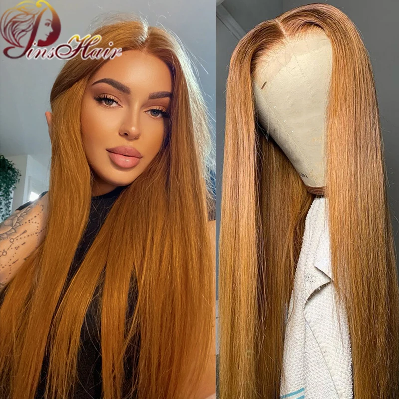 Honey Blonde Lace Front Wigs Ginger Brown Transparent 13×4 Lace Frontal Wigs Straight Human Hair Prepluck Peruvian Real Hair Wig