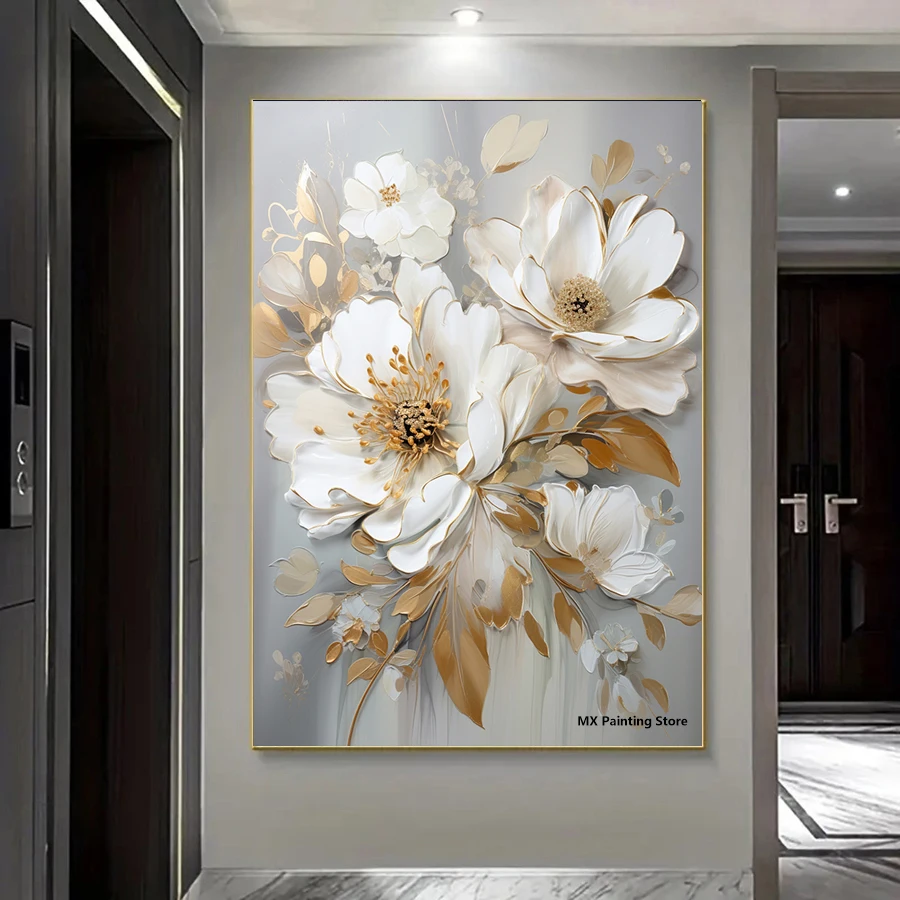 Абстрактная картина на холсте с белым цветком и сусальным золотом цветочные