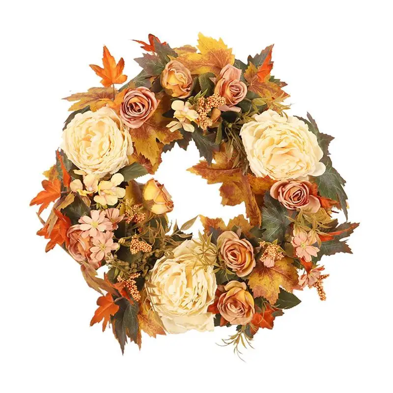 

Fall Wreaths For Front Door Artificial Autumn Wreath Decorations 15.75inch Flower Wreath With Maples Leaf Peony Harvest Wreath