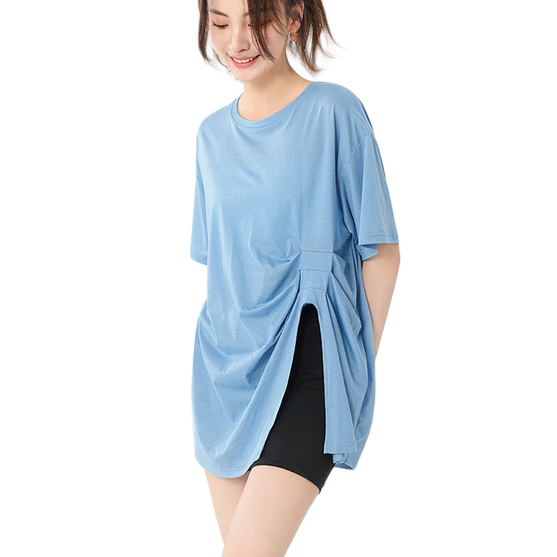 

Women Side Slit Shirring T-shirt Quick Dry Silk Flax Crewneck Mercerized Cotton O-Neck Summer Ultra-thin Cool Tshirts Top #2333