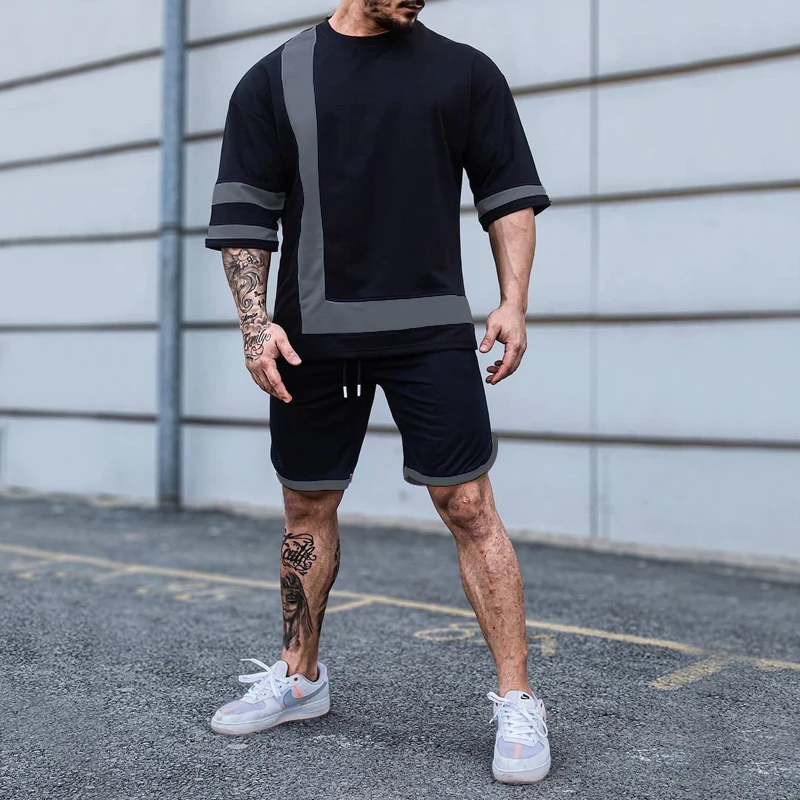 Men's Sports Leisure Fashion Set Summer New Colored Round Neck Short Sleeve Shorts Two Piece Set