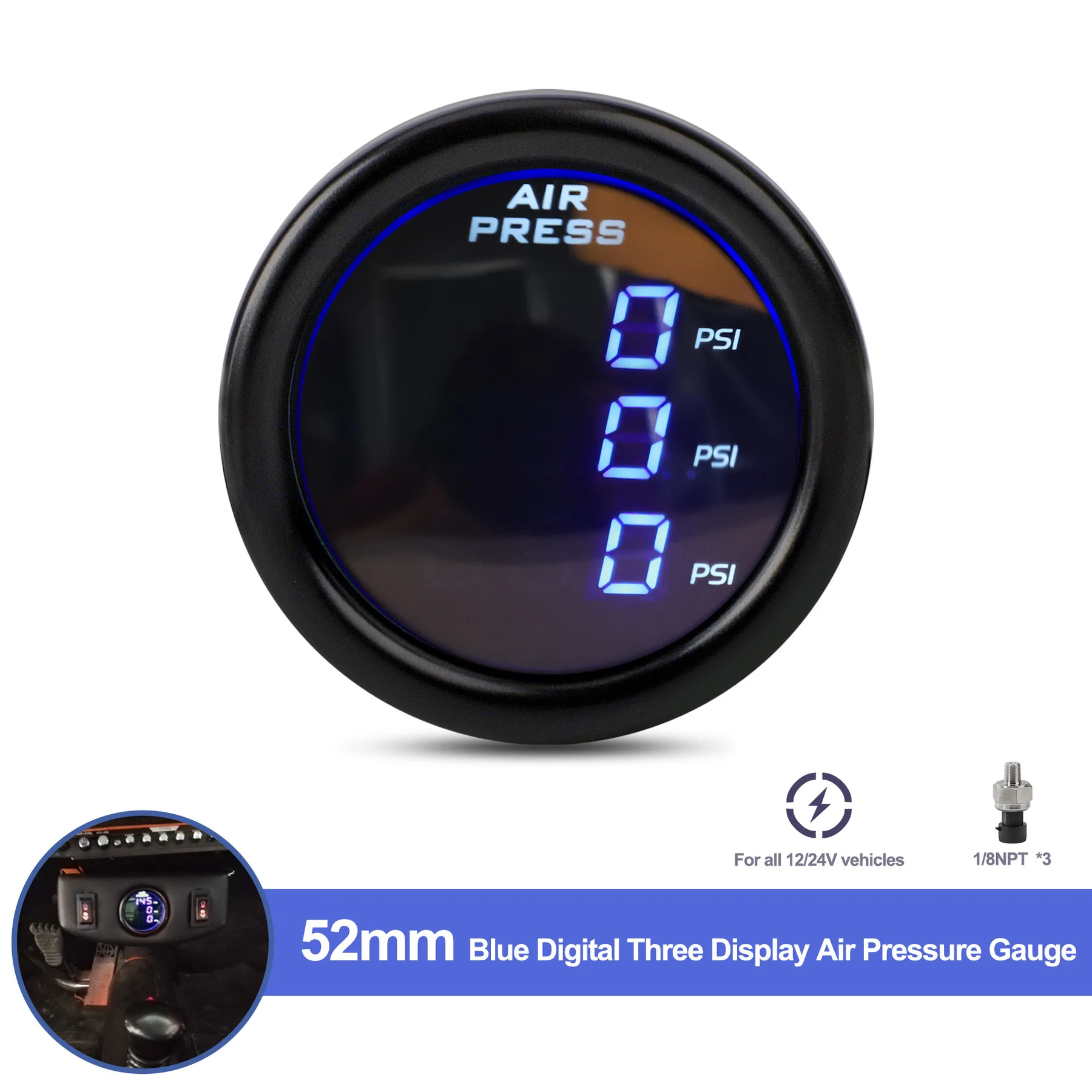 

Манометр пневматический 220PSI с тремя дисплеями, 52 мм, в алюминиевом корпусе, PSI, с синей подвеской, с 3 электрическими датчиками 1/8NPT