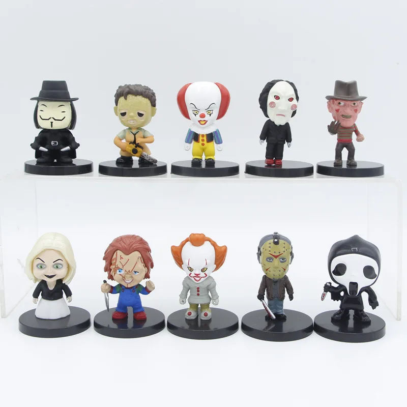 

10Pcs/Set Horror Movie Characters V for Vendetta Chucky Freddy Jason Scary Saw PVC Action Figures Toys