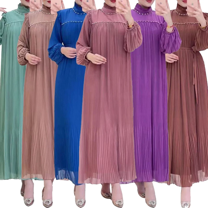 

Turkey Muslim Beads Pleated Dress Women Abaya Ramadan Eid Mubarak Kaftan Dubai Vestidos Islam Pakistani Arab Abayas Caftan Robe