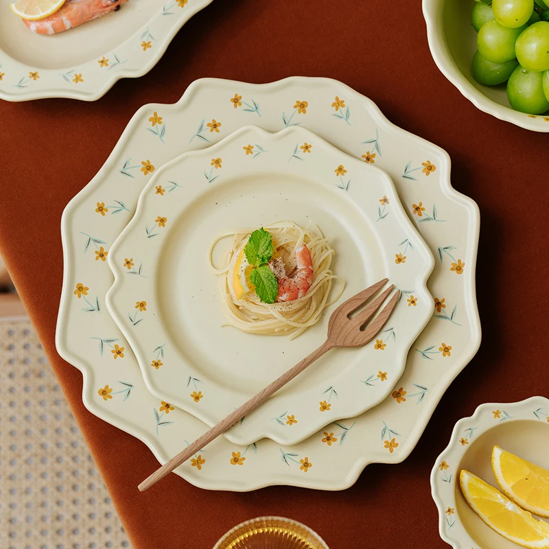 

AhunderJiazz Nordic Small Floral Printed Breakfast Plate Morandi Soup Bowl Ceramic Fish Plate Kitchen Tableware Set