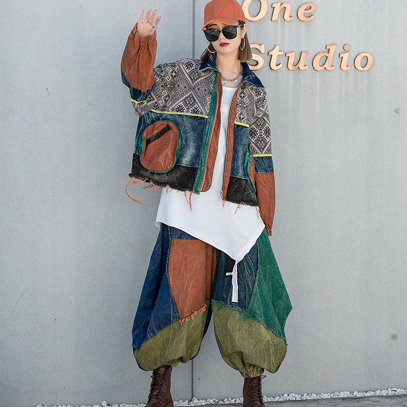 

SuperAen Vintage Fashion Brand Contrast Splicing Coat Denim Suit Women's 2022 Spring Loose Wide Leg Pants Two-piece Set