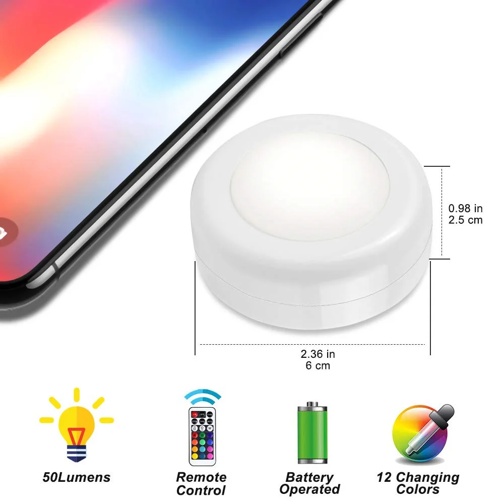 RGB 12 Colors LED Under Cabinet Light Dimmable Touch Sensor LED Puck Lights For Cupboard Close Wardrobe Stair Hallway Night Lamp