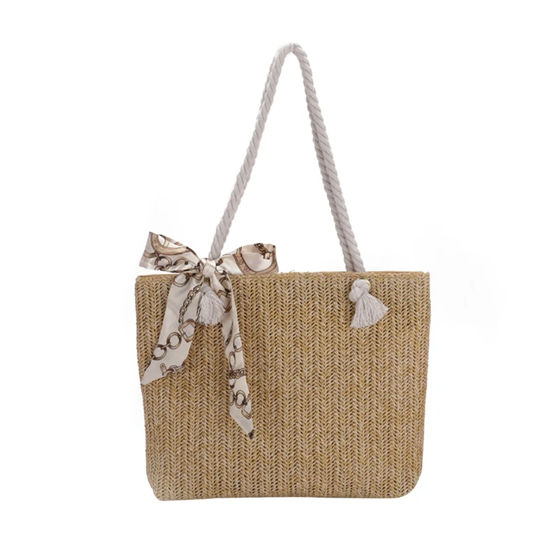 

Fashion Straw Woven Underarm Shoulder Bags for Women Wocen Bag Silk Scarf Ladies Large Capacity Shopping Handbags