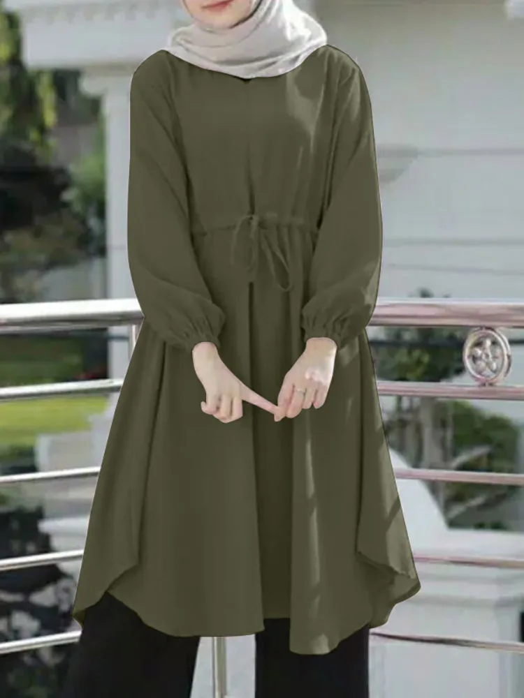 ZANZEA Fashion Women Long Sleeve Solid Long Tops Tunic Vintage Muslim Abaya Blouse Spring Dubai Turkey Hijab Shirt Oversize