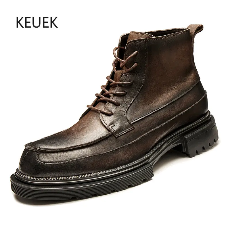 

New British Retro Casual Combat Military Motorcycle Genuine Leather Thick Sole Ankle Chelsea Boots Men Shoes Lace-Up High Top 5A