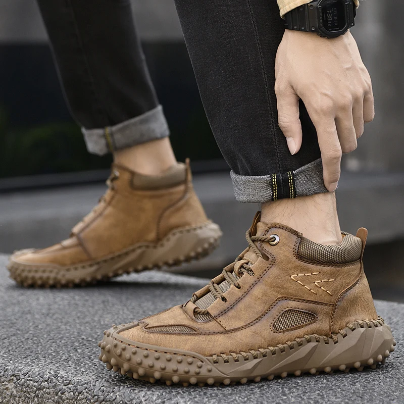 Xiaomi Winter Outdoor Hiking Shoes Men Fashion Casual Shoes Leather Handmade High Top Sneakers Anti-Slip Wear Plush Sports Shoes