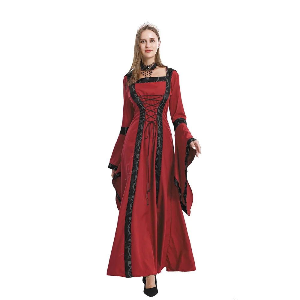 

European and American Halloween Vintage Medieval Hooded Dress Square Necklace Flared Sleeve Big Skirt Stage Performance Costume