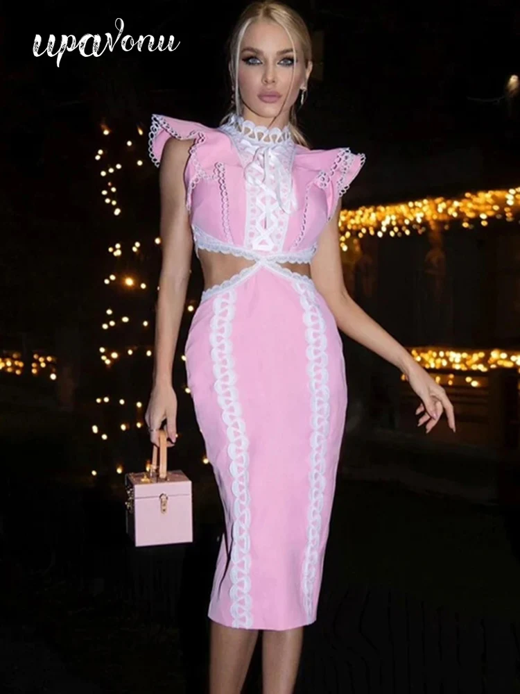 

Free Shipping 2022 New Fashion Ruffle Stand Collar Sexy Open Waist Lace Panel Women Bodycon Dress Fashion Evening Party Dresses