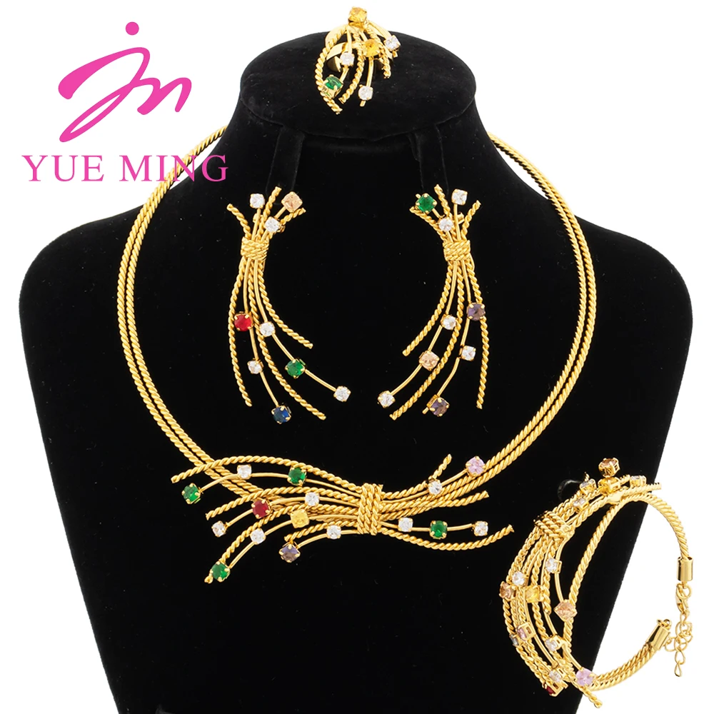 

Nigerian Jewelry Set for Women Dubai Gold color Colored Zircon Pendant Wedding African Necklace Earrings Bracelet Adjustable Rin