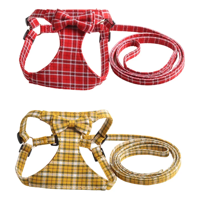 Dog Harness Leash Set for Small Dogs Puppy Cat Harness Vest British Plaid Bow Pet Vest Cat and Dog Pet Products