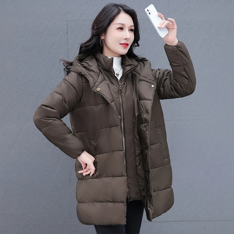 Female 2022 New Korean Winter Women's Thickened Casual Cotton Coat Versatile Fashion Mid Length Hooded Warm Cotton Jacket