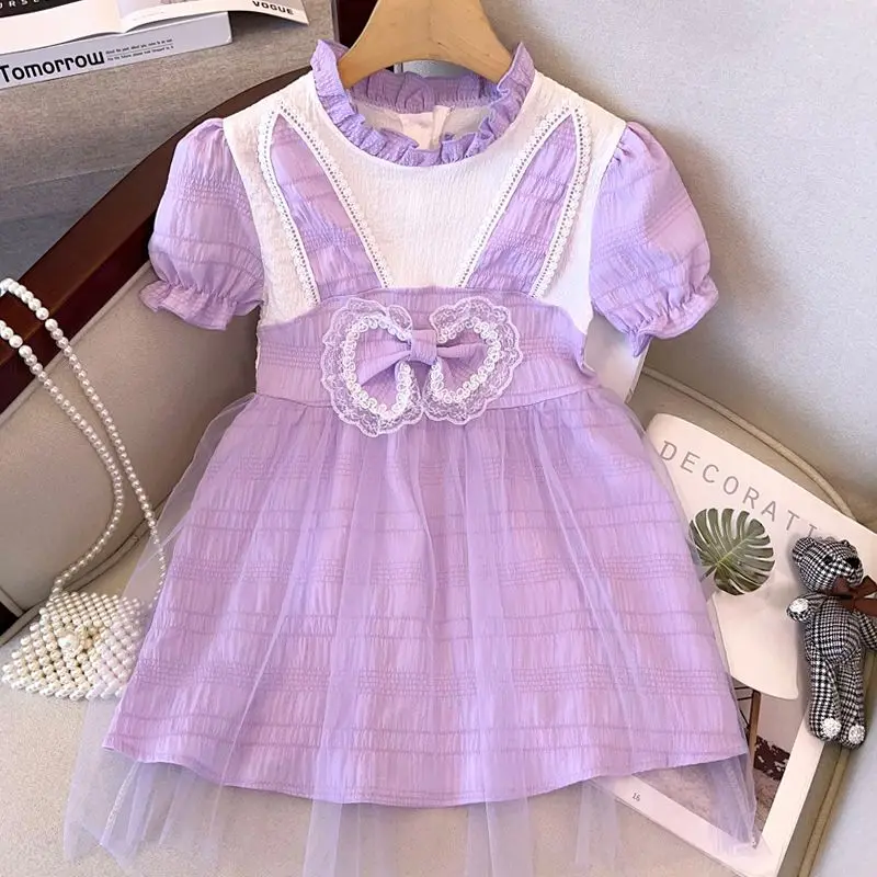 

3-9Y Children A-line Knee-length Dress Summer Girls Vestidos Short Sleeve O-neck Mixed Colors Regulai Fit Kids Clothes Hw30
