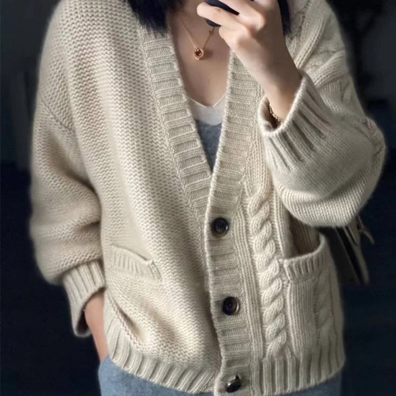 Pure Cashmere Knit Cardigan Fashion Thick Loose Sweater 2022 Female Clothing Winter Women's 100%Wool V-Neck Knitwear