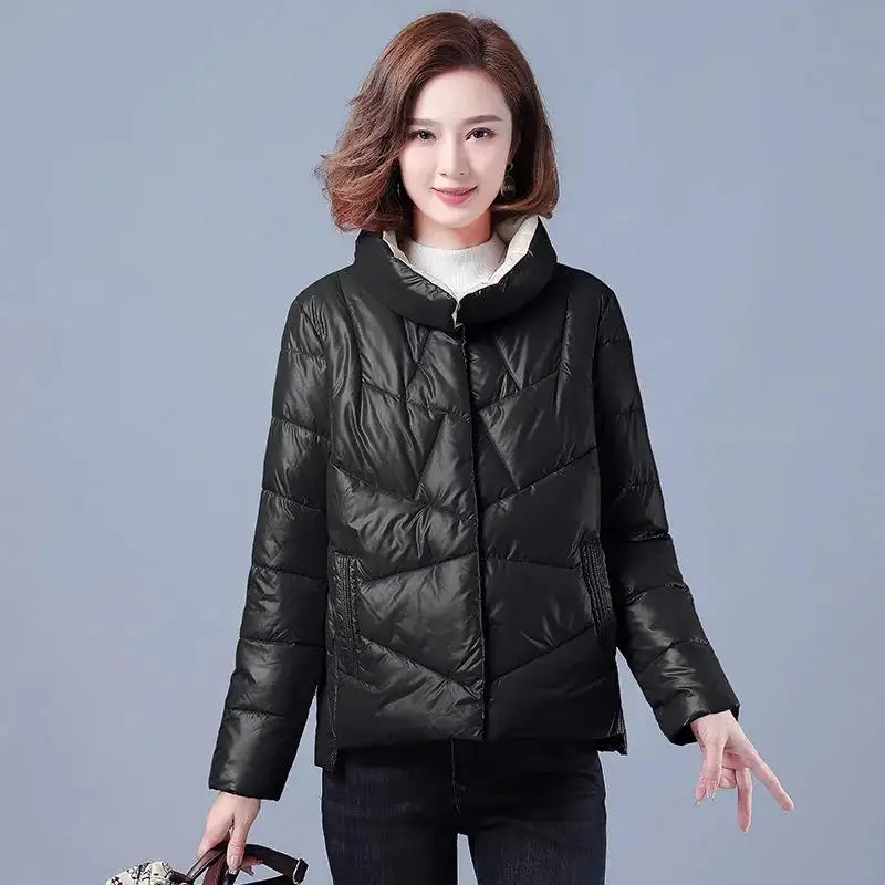 2023 Autumn Winter Bright Face Padded Jackets Women Short Coat Loose Stand-Up Collar Fashion New Black Down Cotton Jacket Female