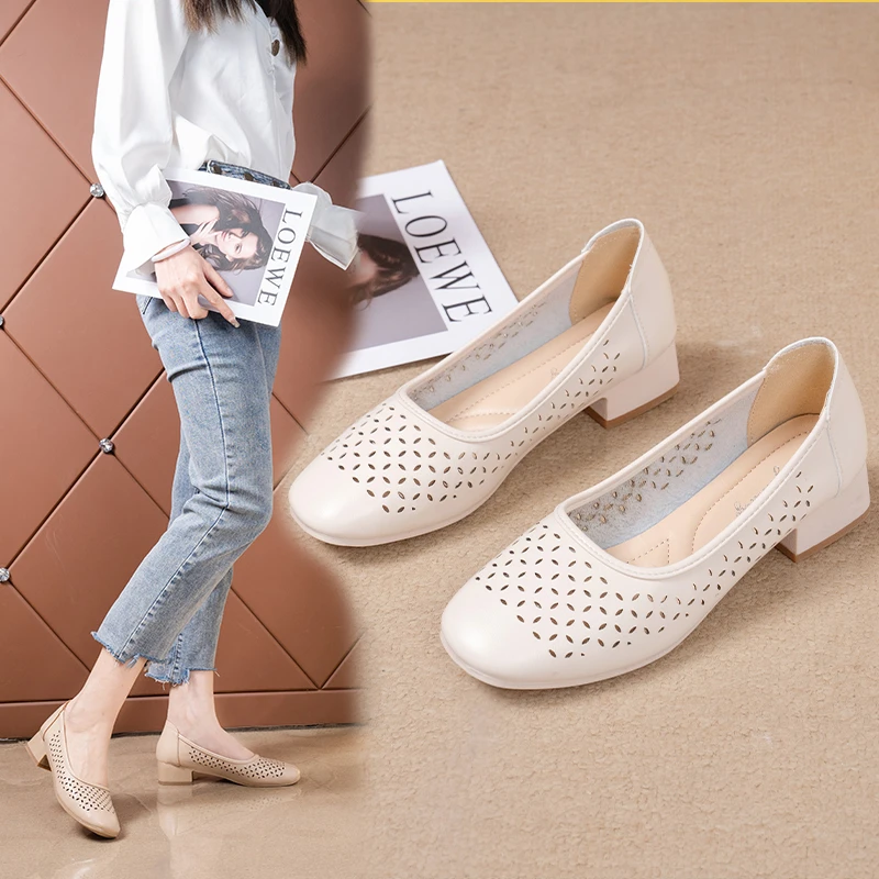 

2022 NEW Spring Walk For Women Flats Mom Genuine Leather Hollow Out Loafers Lazy Summer Mules Sewing Shallow Driving Shoes