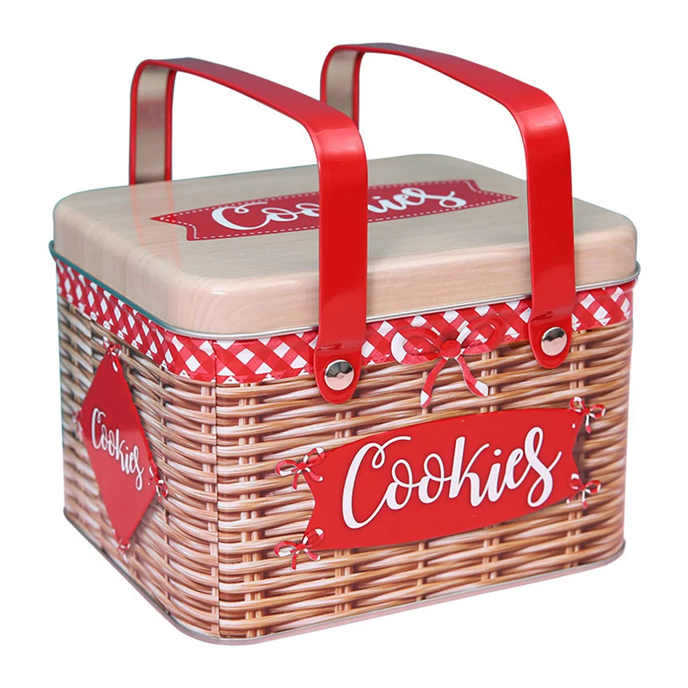 

Rectangle Imitation Rattan Metal Cookie Tin Metal Cookie Tin Can with Handle