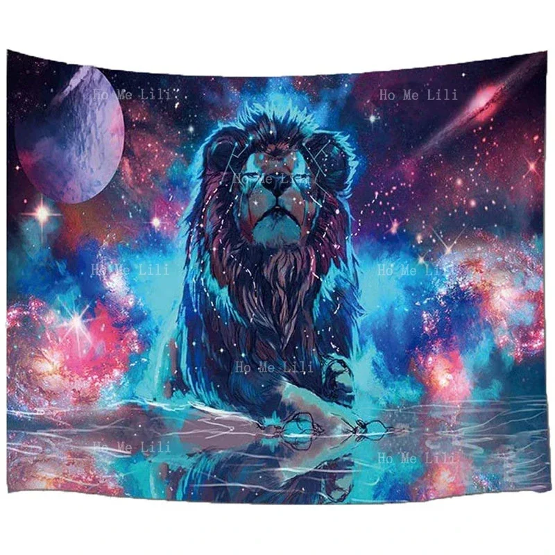 Звездный фэнтези Лев Луна Мистический Синий Лес с Цветами и Дикими Животными