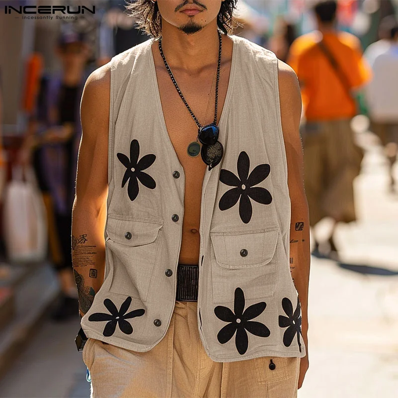 Топы INCERUN 2024 модная мужская куртка в Корейском стиле с цветком маргаритки пальто