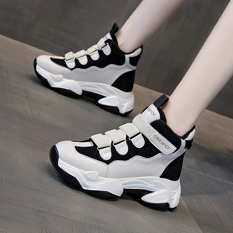 

Genuine Leather Women's Shoes, Casual Women's Thick-soled Korean Version of The Old Shoes, Slope Heel High-top Shoes Women
