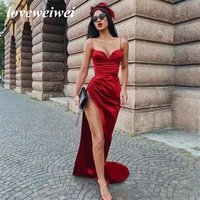 loveweiwei burgundy sexy long satin pleated mermaid evening dresses spaghetti straps cross back high side slit prom party gowns