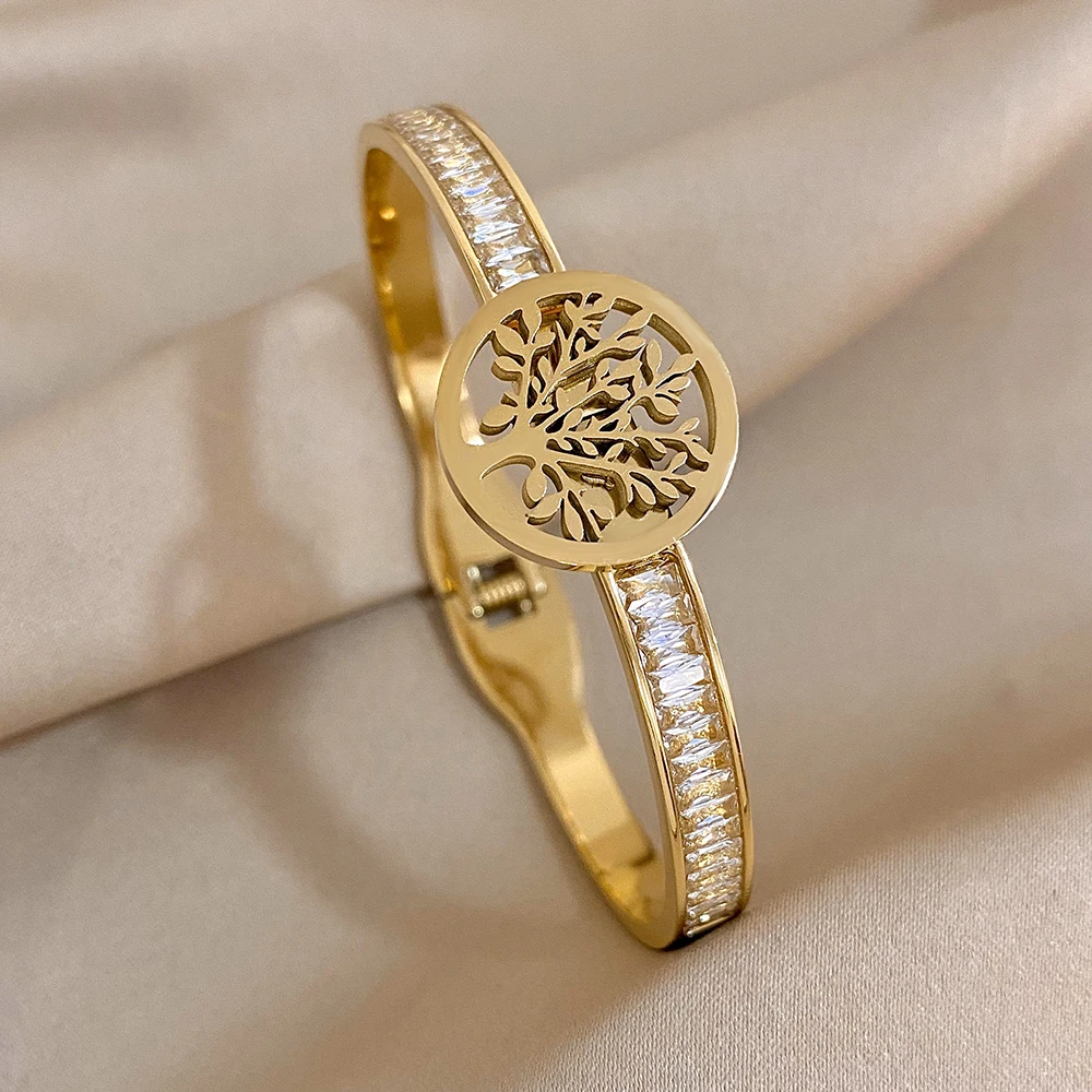 Браслет-манжета из нержавеющей стали с цирконом инкрустированный деревом жизни