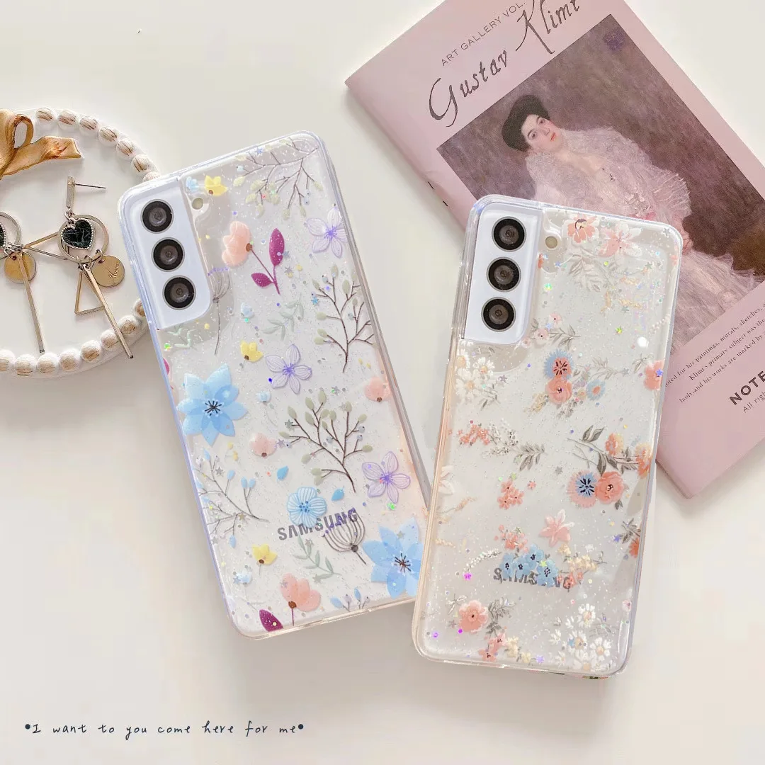 

Glitter Flowers Suitable for Samsung S22 Mobile Phone Case Transparent S20case S21 A51 A71 A52 All-inclusive Protective Cover