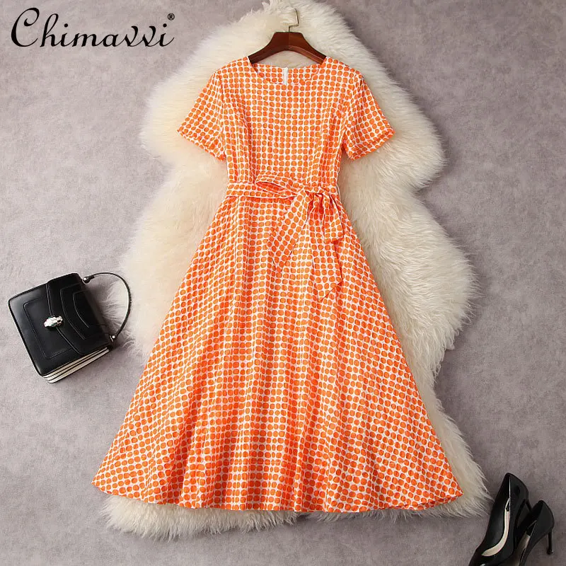 

2022 Summer Women's Clothing Fashion Polka Dot Short Sleeve Lace-up Dress High Waist Slim Elegant Mid-Length Large Swing Dress