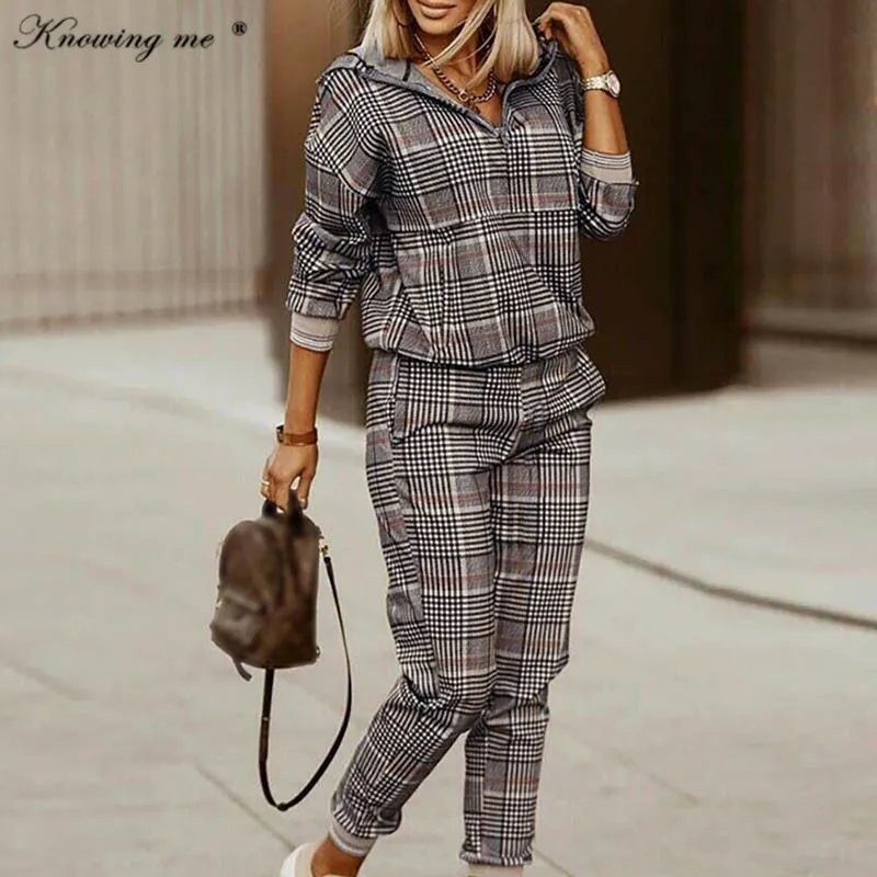 

Осенний клетчатый спортивный костюм для женщин, элегантный повседневный лоскутный пуловер с V-образным вырезом, комплект из 2 предметов, жен...