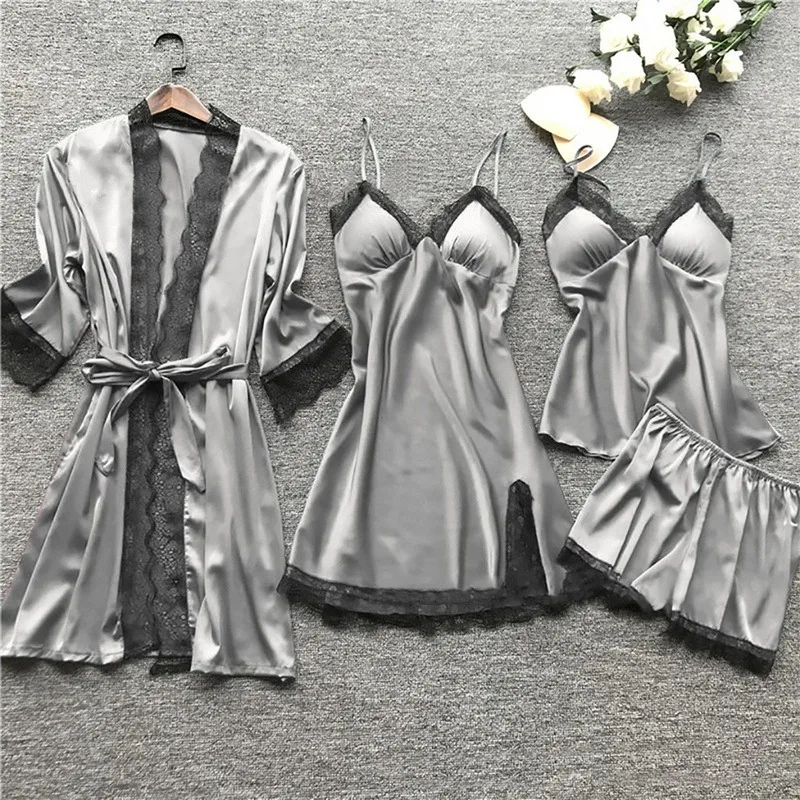 2023 Women Pajamas Sets Satin Sleepwear Silk 4 Pieces Nightwear Pyjama Strap Lace Sleep Lounge Pajama With Chest Pads Drop