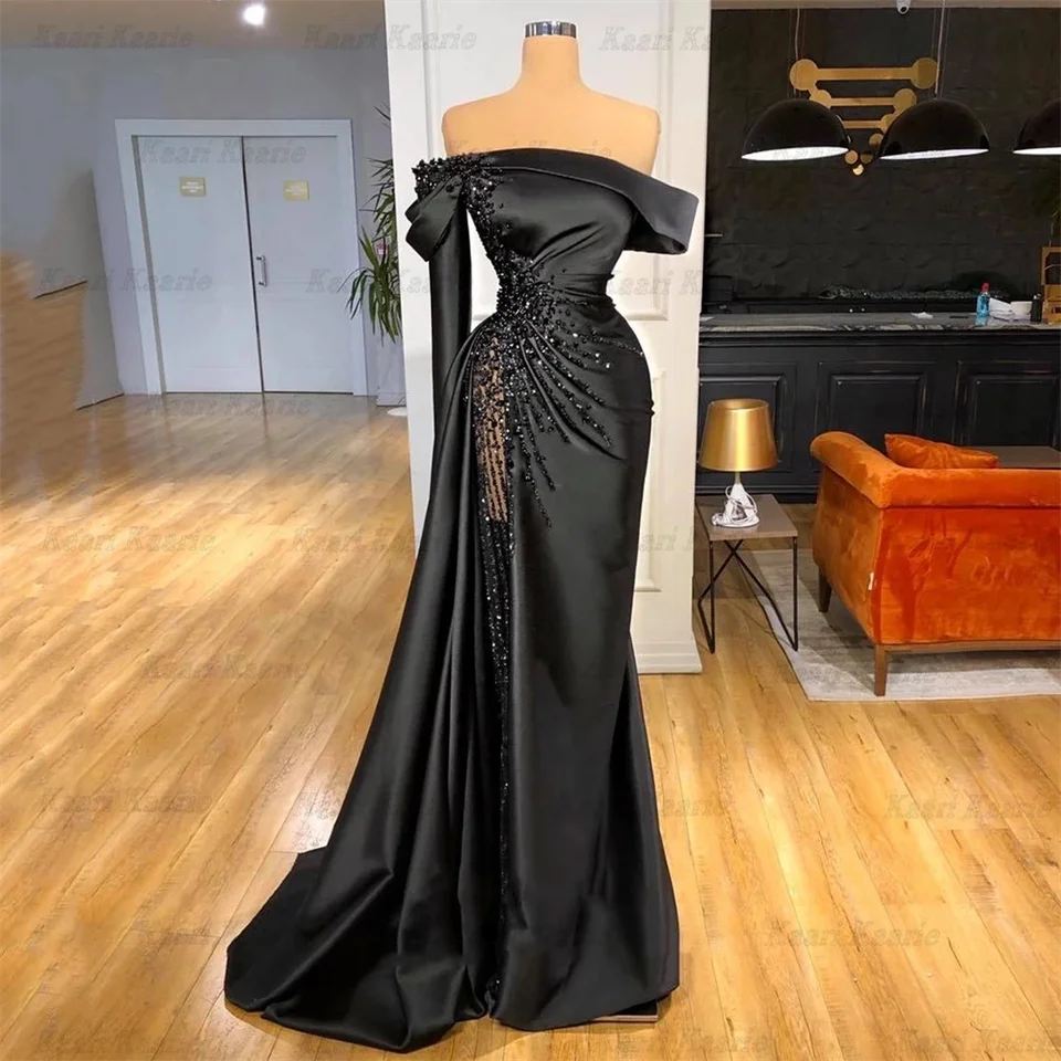 

Elegant Black Evening Dress Long Sleeves Off The Shoulder Satin Floor-Length 2022 Girl Party Dress Women Formal Gowns