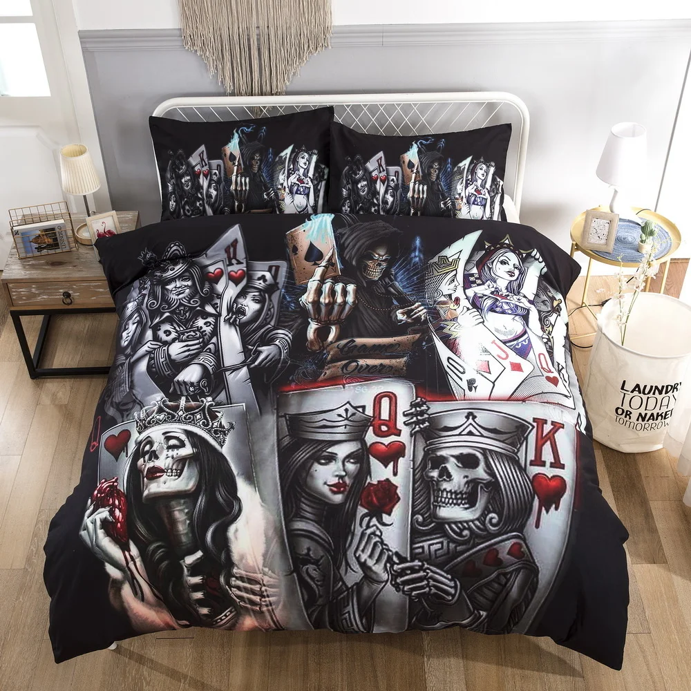 

3PCS 3D Skull Playing cards QK Duvet/Quilt/Comforter Cover set Beddings With Pillowcases Queen King Size Bedspreads