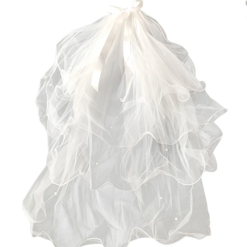 

Bridal Veil with Metal Comb Multi-Layer Tulle Headwear Beads Bow Decoration