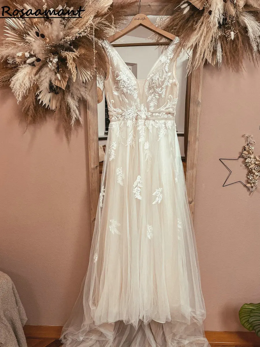 

Real Image V-Neck Sleeveless Illusion Wedding Dresses A-Line Open Back Floral Appliques Lace Vestidos De Novia Beach Bride Gowns