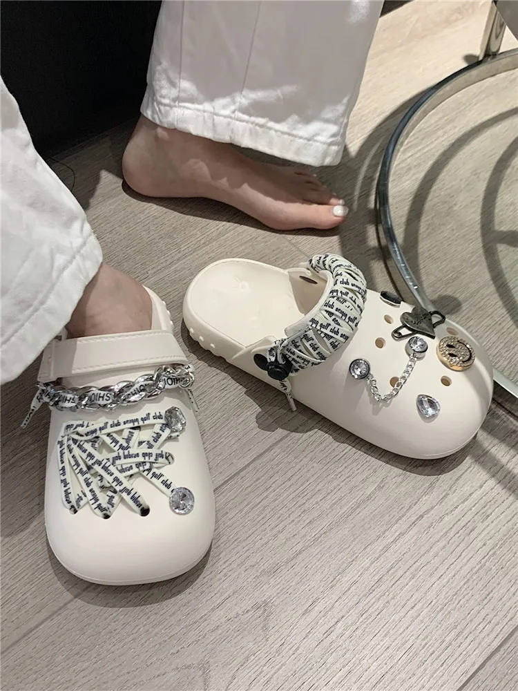 2022 New Summer Man Women Hole Slipper Brand Tie Rope Shoelaces DIY Hole Shoes Men's And Women's Summer High Street Slipper