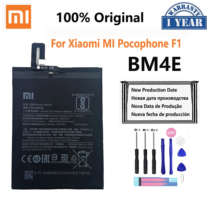 

100% оригинальный сменный аккумулятор Xiao mi BM4E для Xiaomi MI Pocophone Poco F1 Оригинальный аккумулятор для телефона 4000 мАч